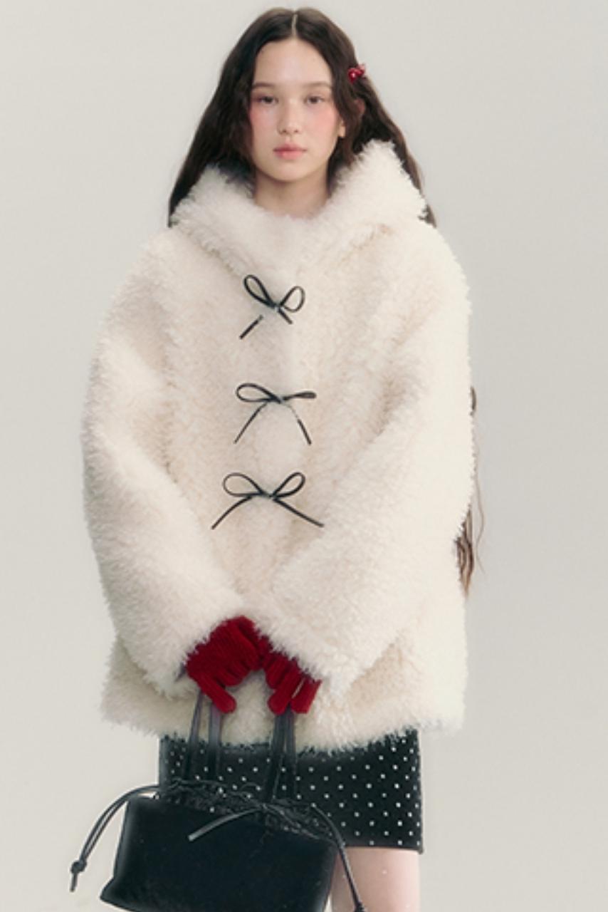 Beige Hooded Eco Fur Short Jacket