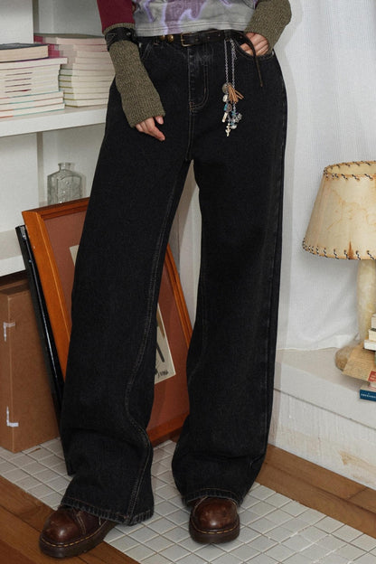 Retro Gray Black Commuter Loose Straight Jeans