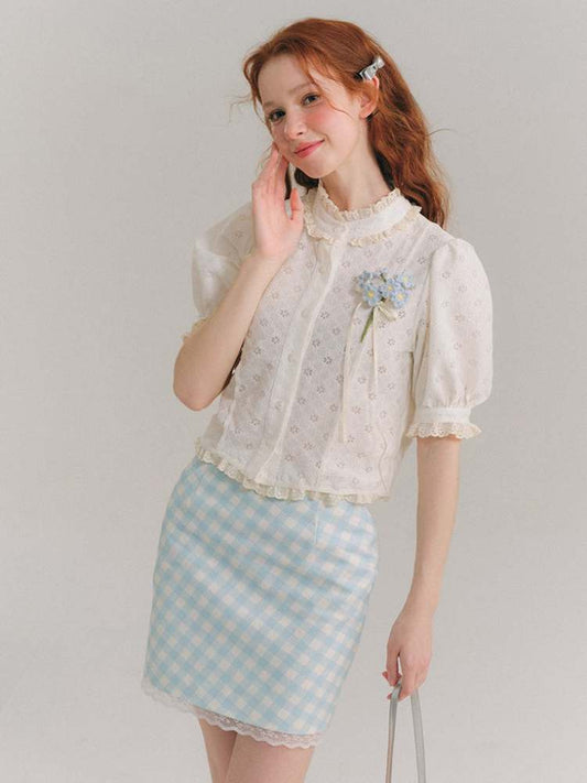 Flower Jacquard Lace French Short Sleeve Shirt