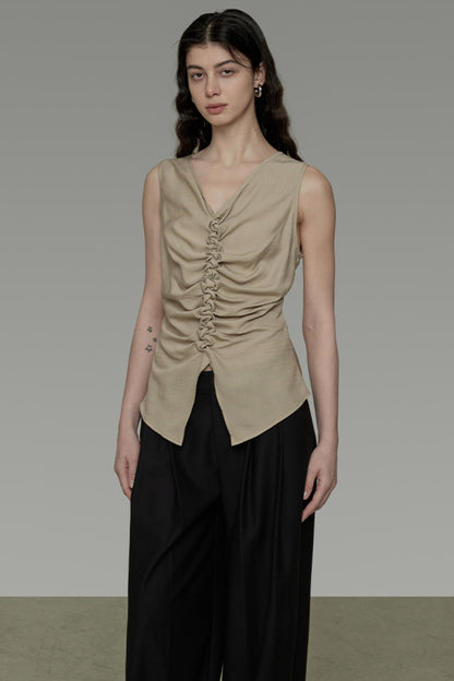 Khaki V-Neck Sleeveless Top