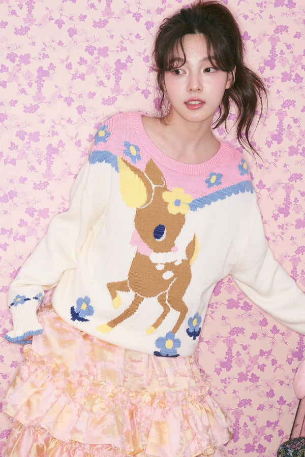 Two-Tone Deer Knit Sweater
