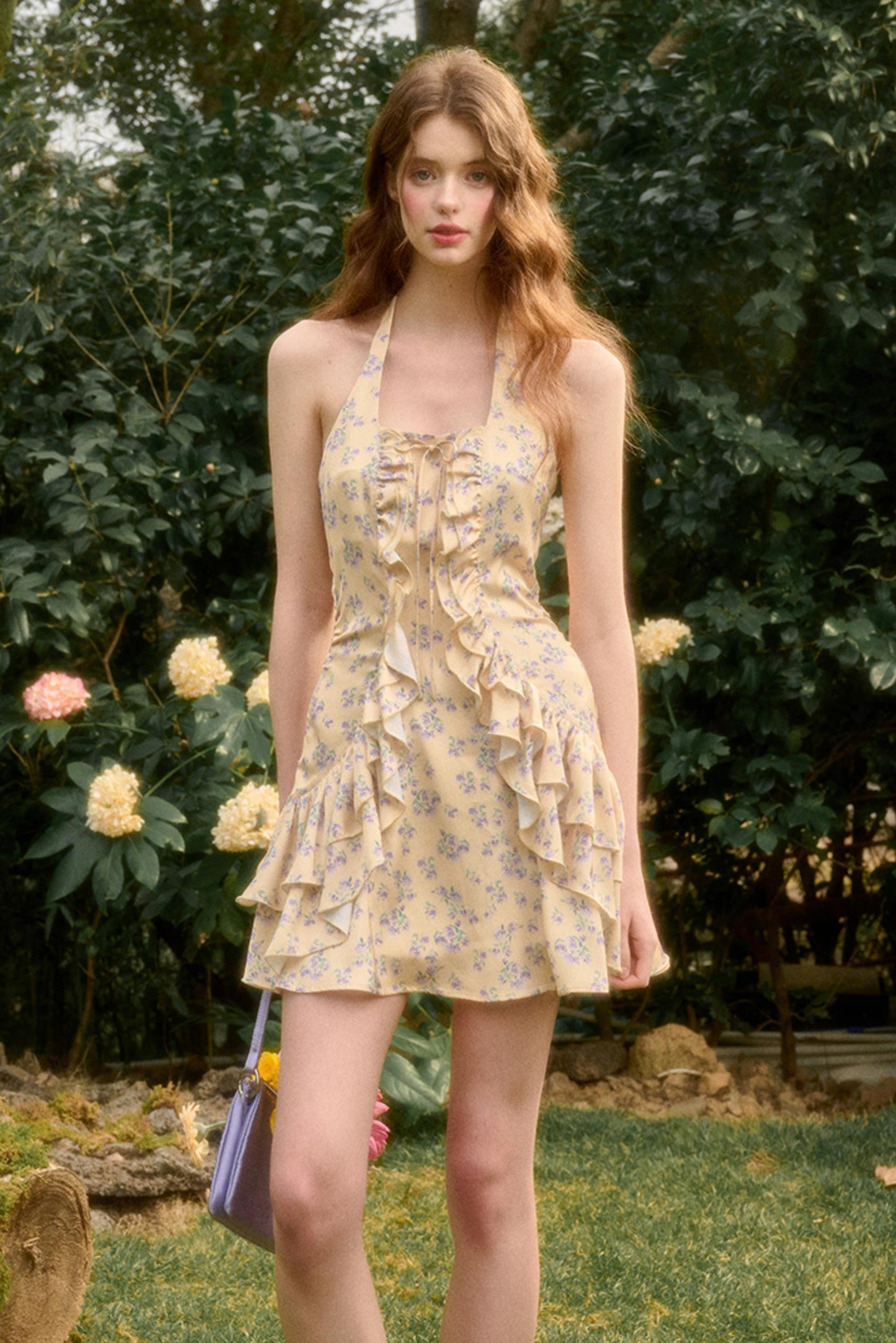 Lemon Sea & Iris Lace Halter Satin Dress