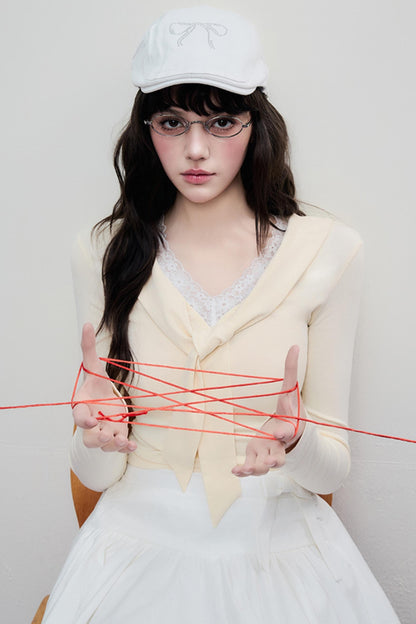 Korean Lace Trim Tie Neck Sweater