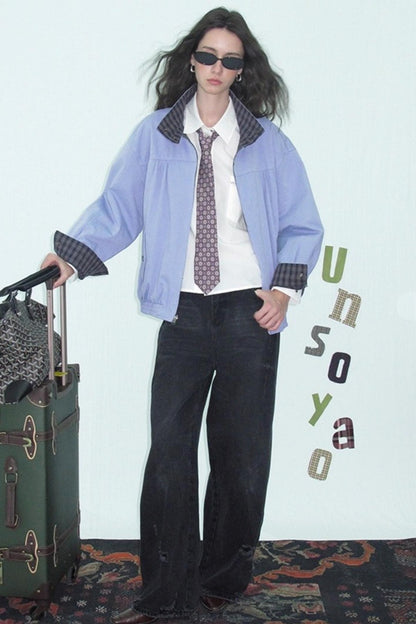 Vintage Plaid Stand-Up Collar Jacket