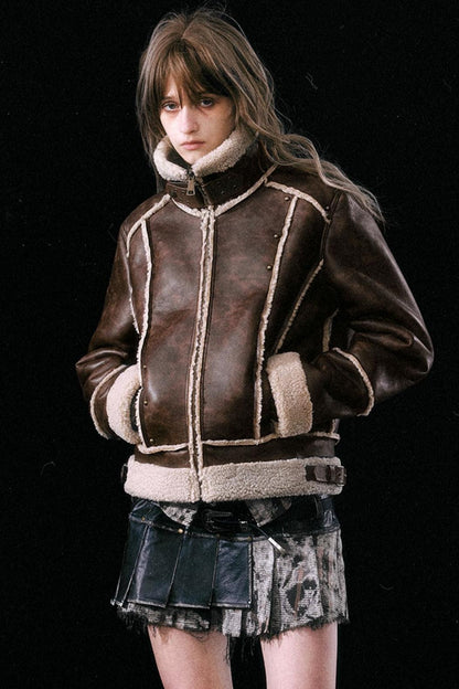 Brown Fleece Retro Biker Jacket