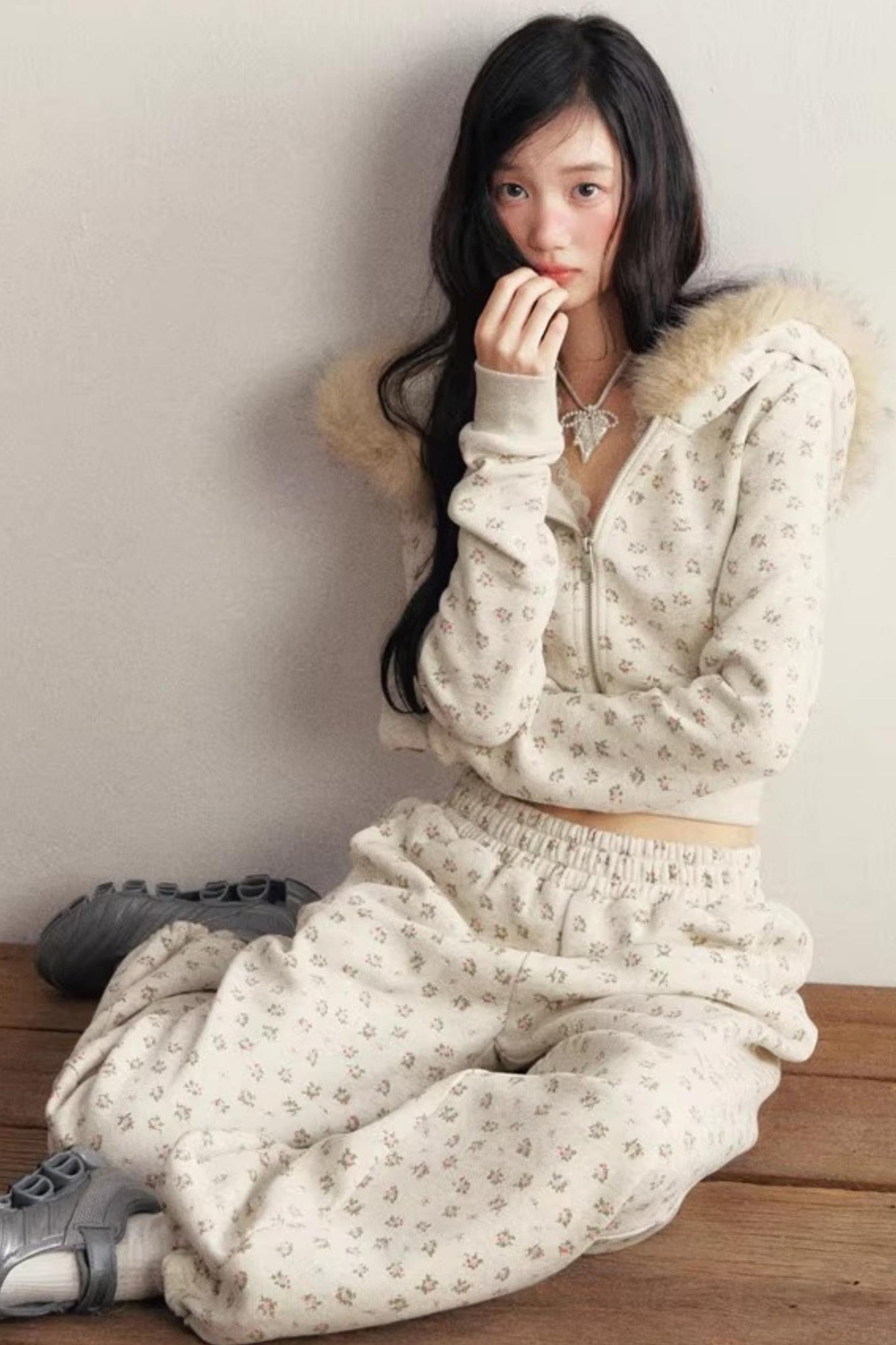 Elastic Floral Fleece Hooded Jacket Set-Up