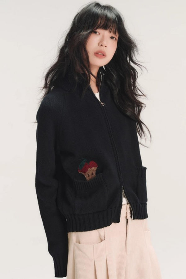 Hand-Painted Apple Embroidery Cardigan