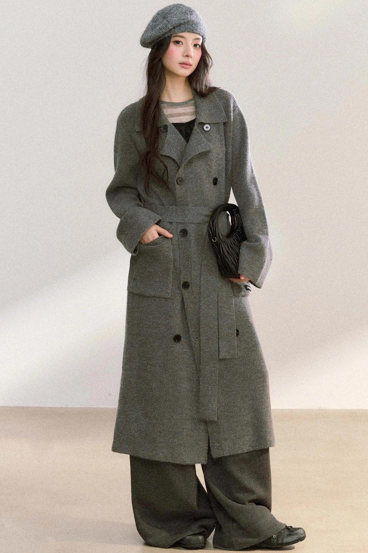 Lapel Double-Breasted Knit Coat