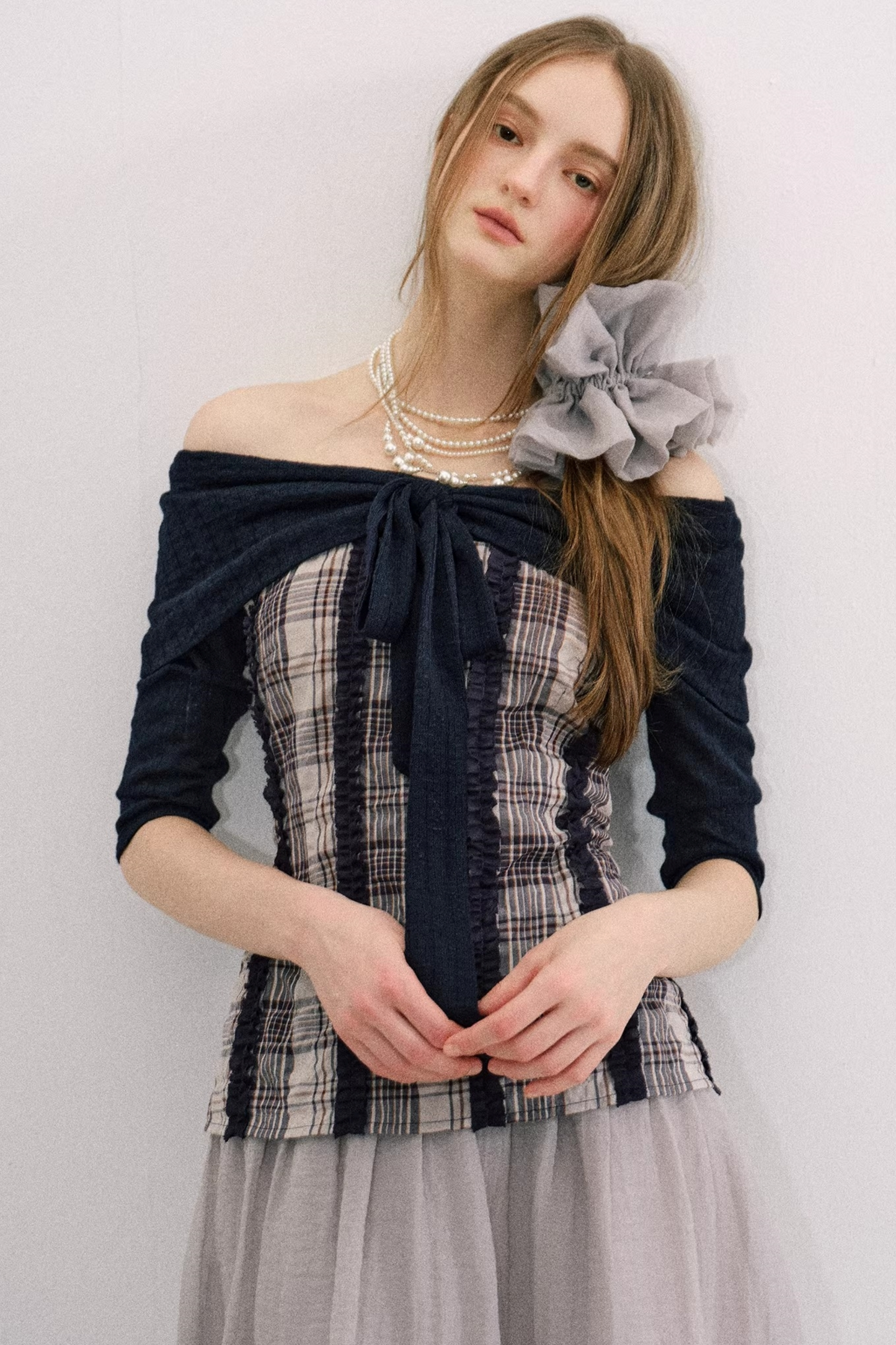 Off-Shoulder Plaid Ballet Top