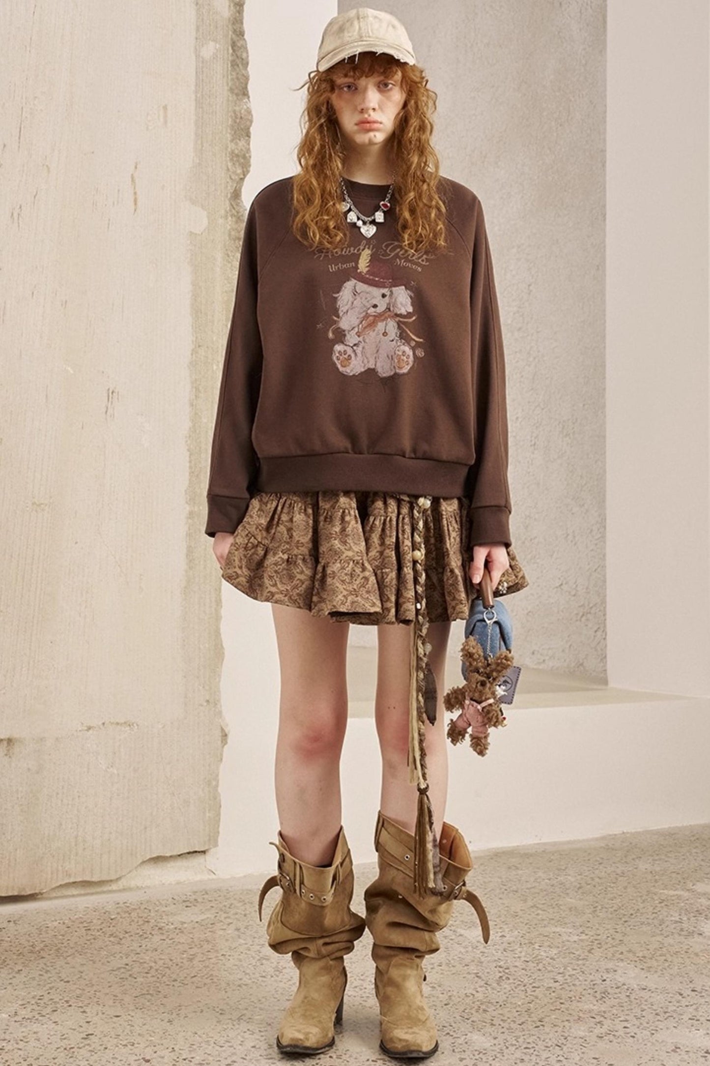 Blindfolded Puppy Print Crew Neck Pullover