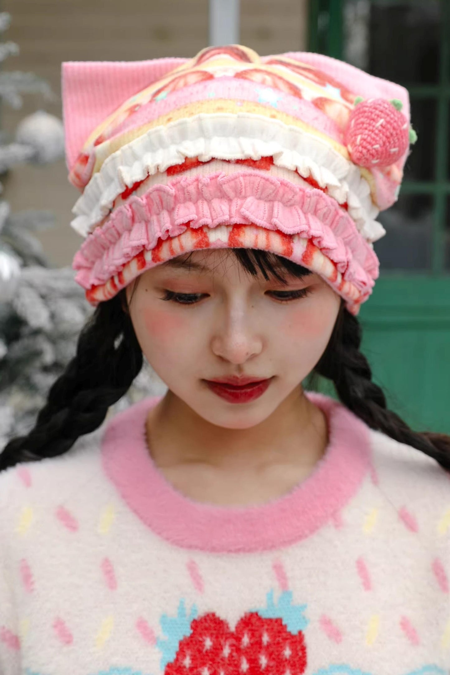 딸기 디저트 고양이 귀 모자