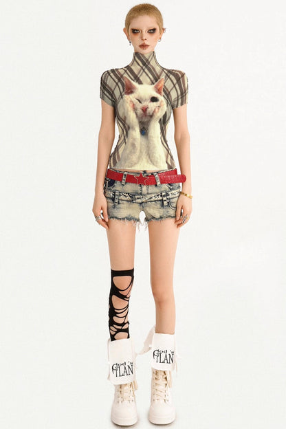 Cat Print Pleated Top