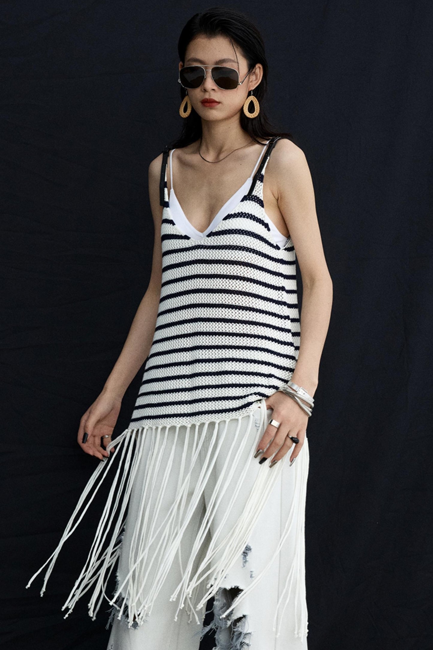 Summer Jacquard V-Neck Leather Hem Vest