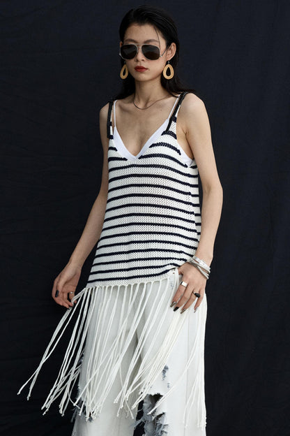 Summer Jacquard V-Neck Leather Hem Vest