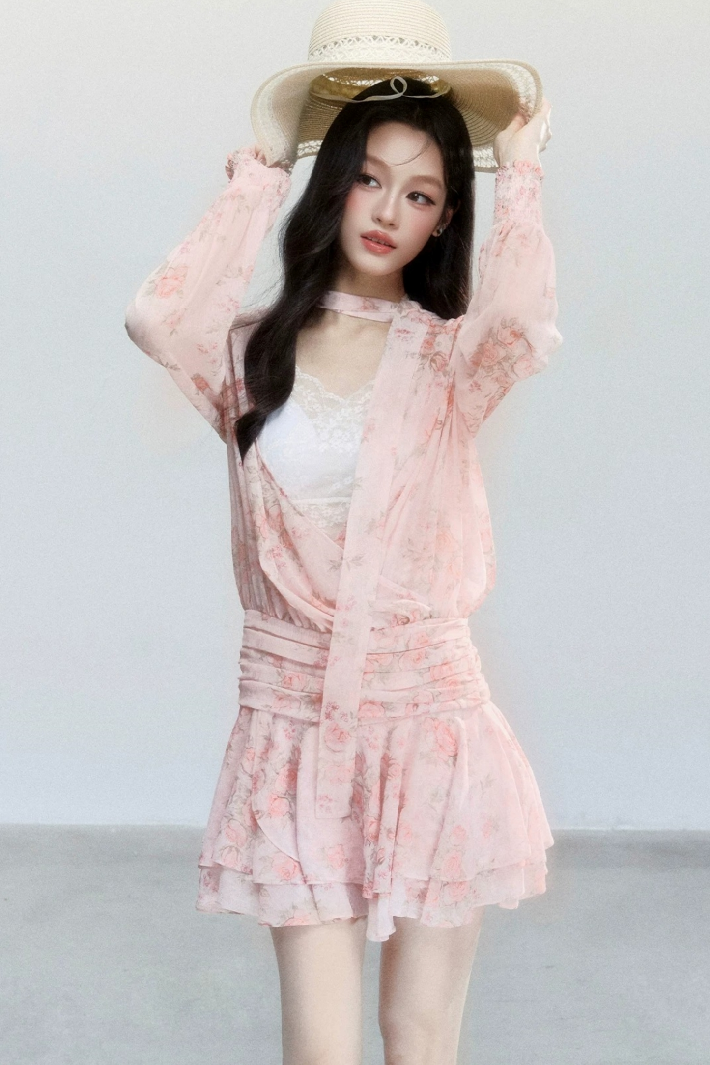 Completo Abito Floreale in Chiffon Rosa