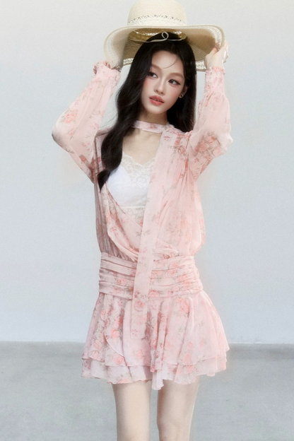 Completo Abito Floreale in Chiffon Rosa