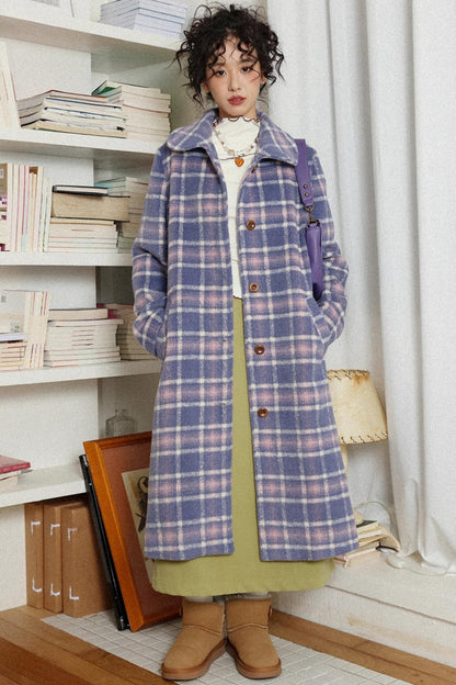 Autumn Plaid Purple Woolen Coat