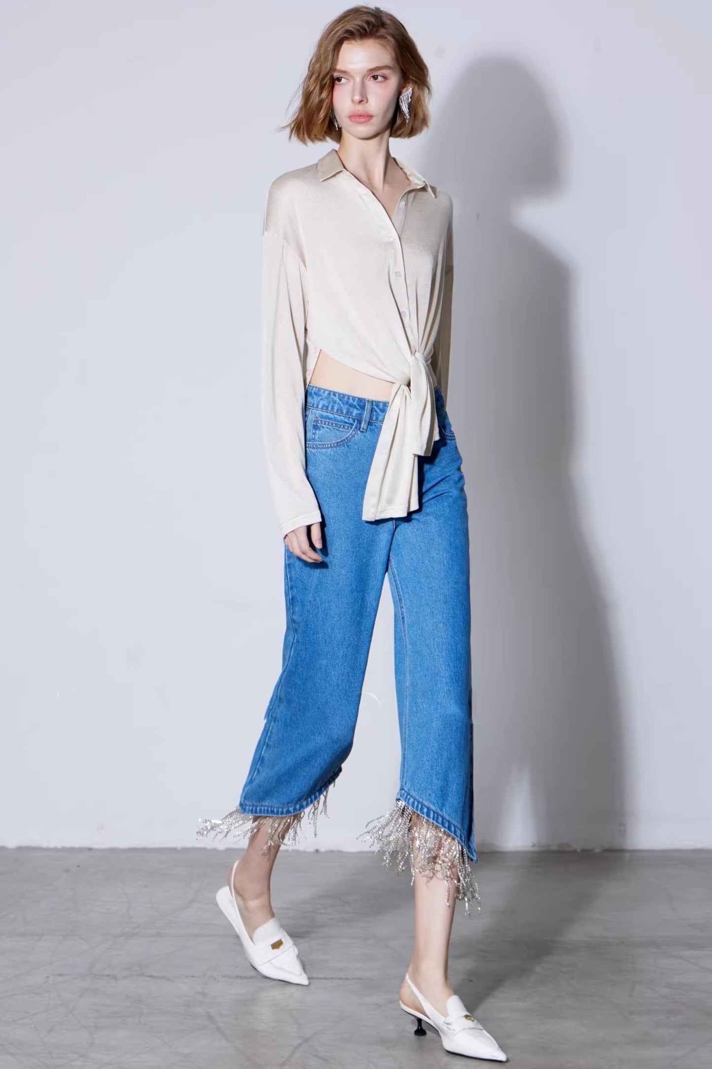 Rhinestone Tassel Cropped Jeans