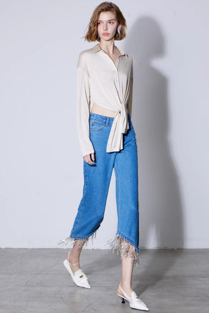 Rhinestone Tassel Cropped Jeans