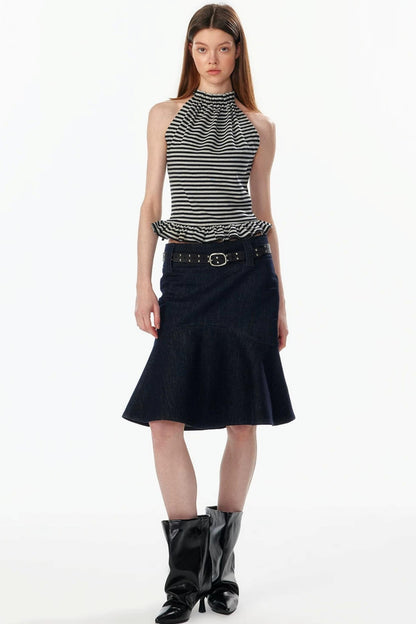 Ruffle Hem Halter Backless Top