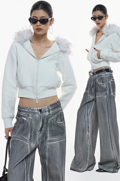Jacke aus Twill mit abnehmbarem Pelzkragen
