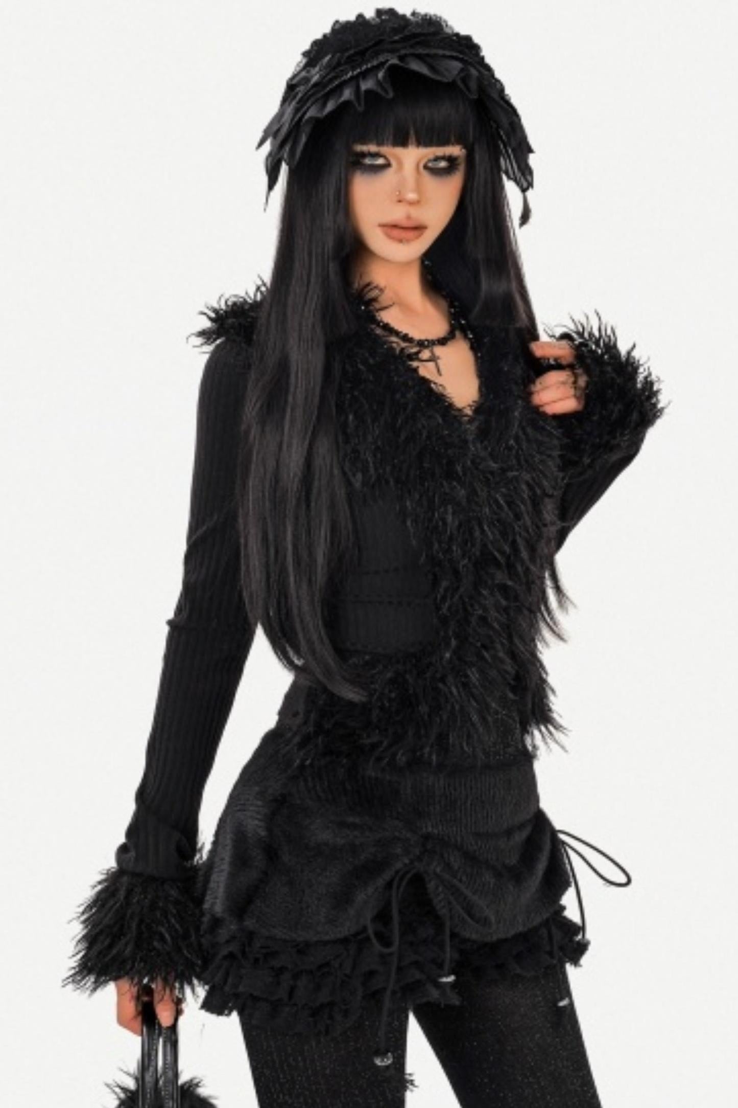 Black Furry Knit Cardigan