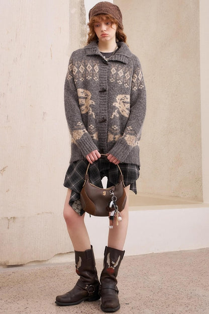 Bird Horn Buckle Loose Warm Cardigan