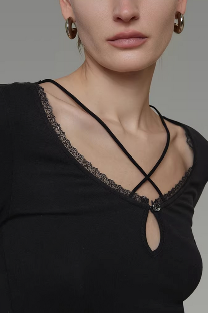 Black Cross-Neck Knit Sweater