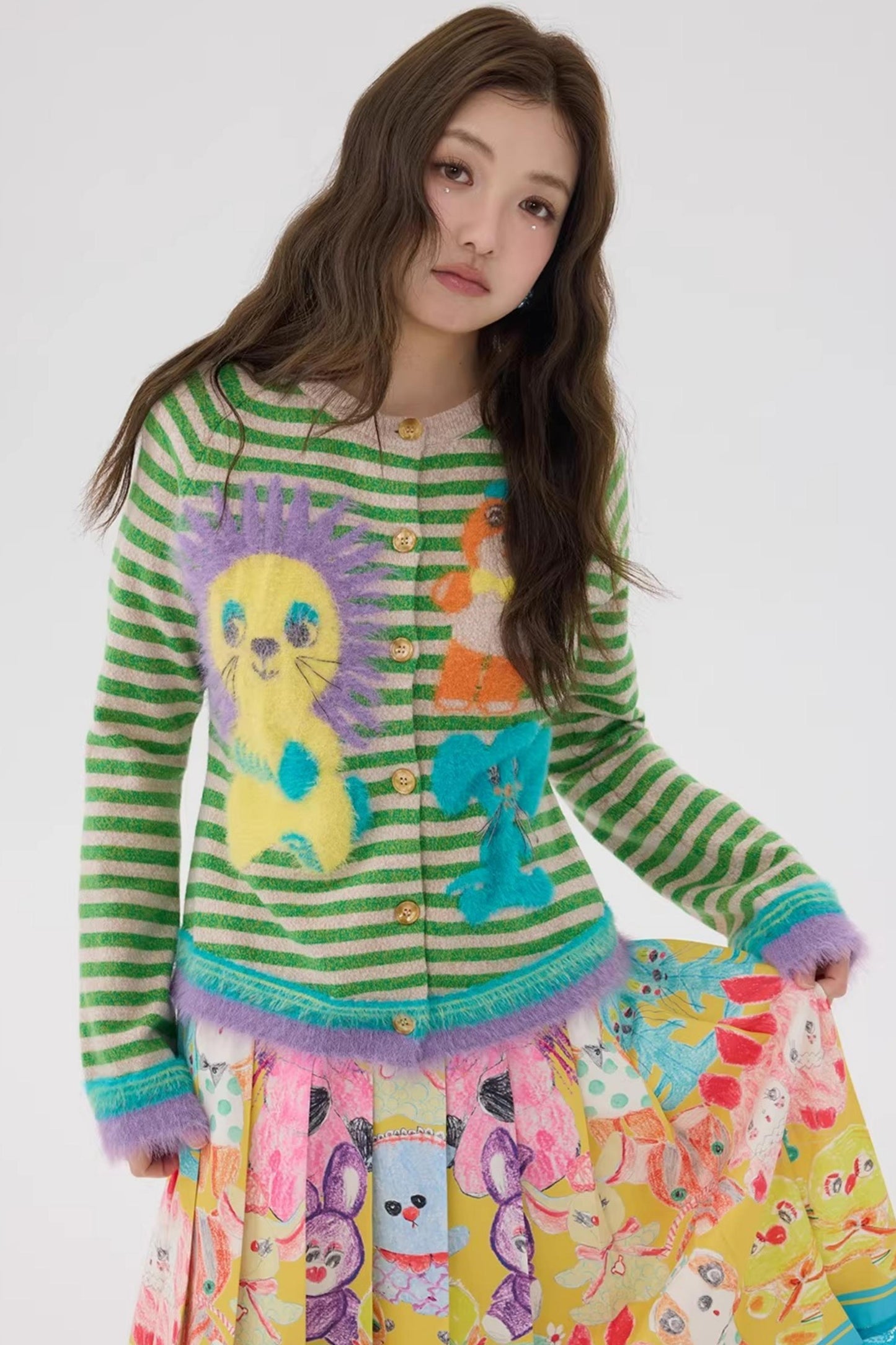 Striped Cartoon Doll Cardigan Top
