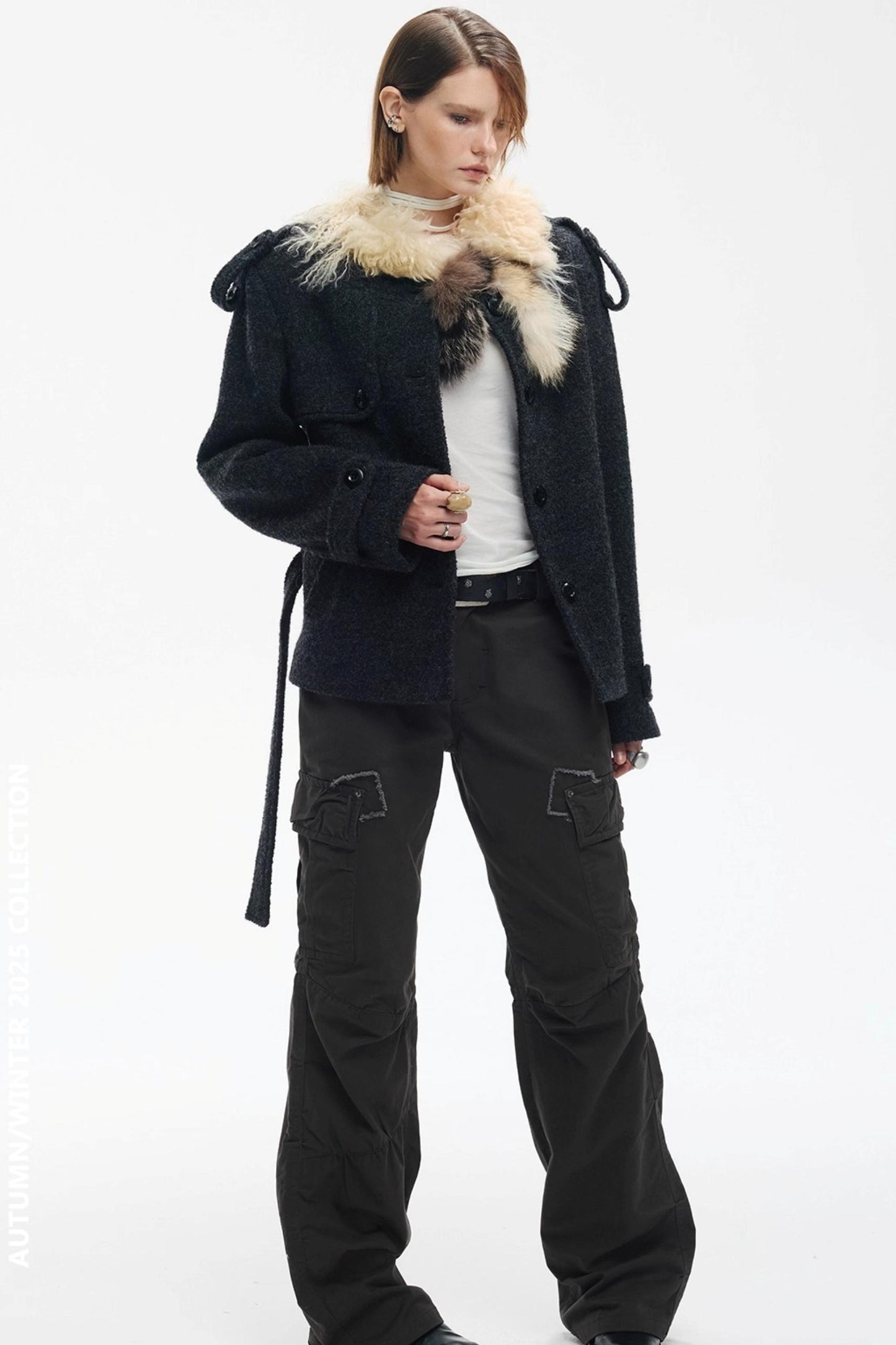 Wool Color-Blocked Fur Scarf