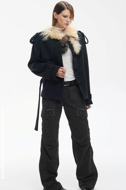 Wool Color-Blocked Fur Scarf