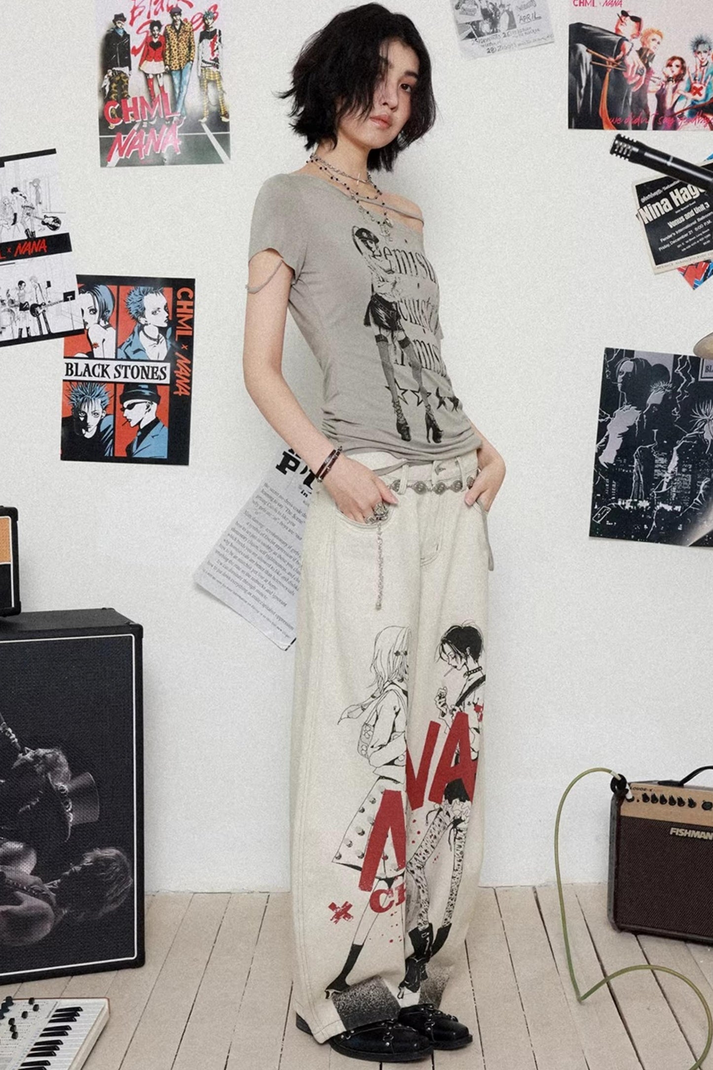 Printed Denim Scimitar Pants
