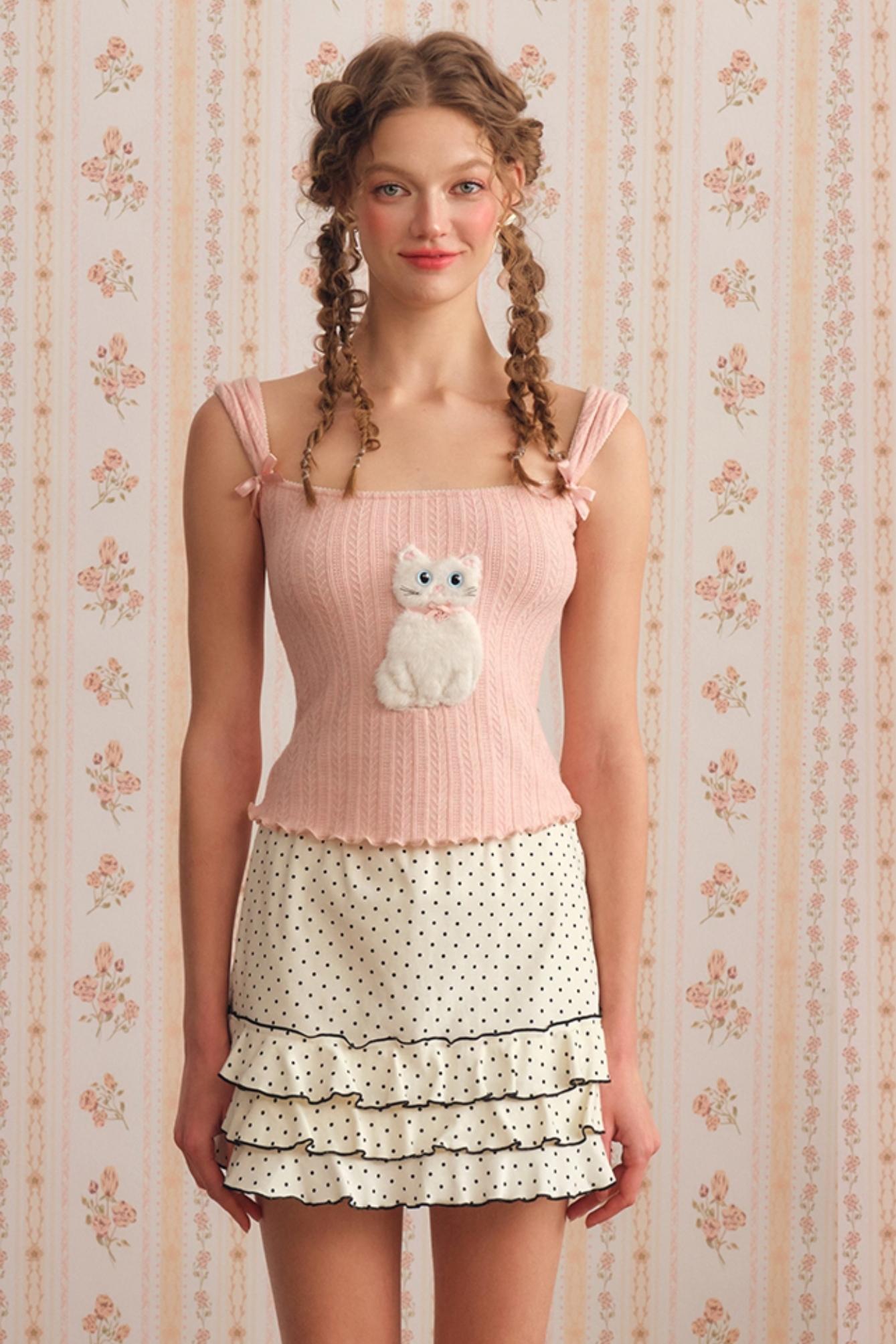 Pink Cat Knit Camisole Set-Up