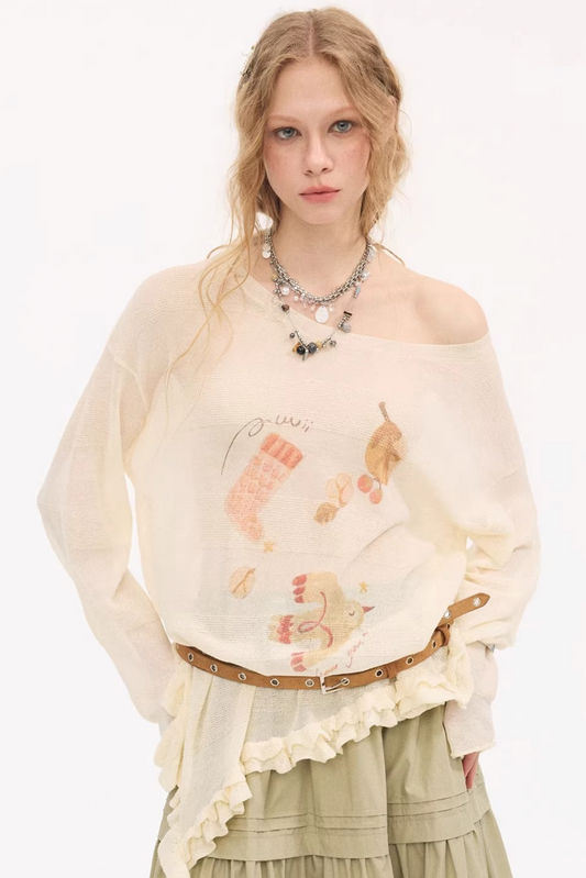 Ruffled Edge Printed Sweater