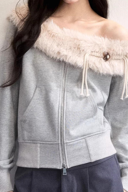 Mist Gray Off-Shoulder Fur Jacket
