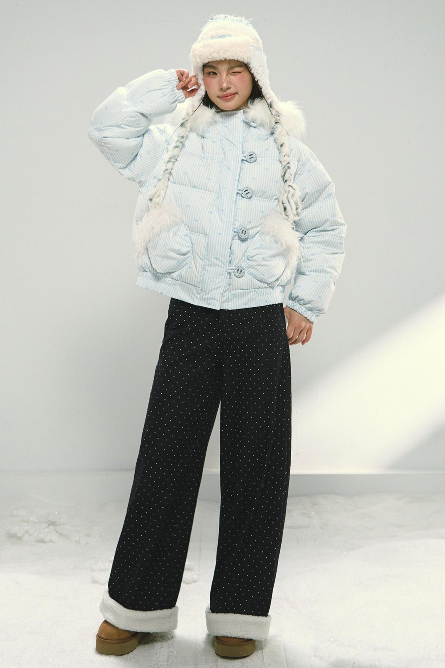 Blue Polka Dot Wide-Leg Jeans Pants