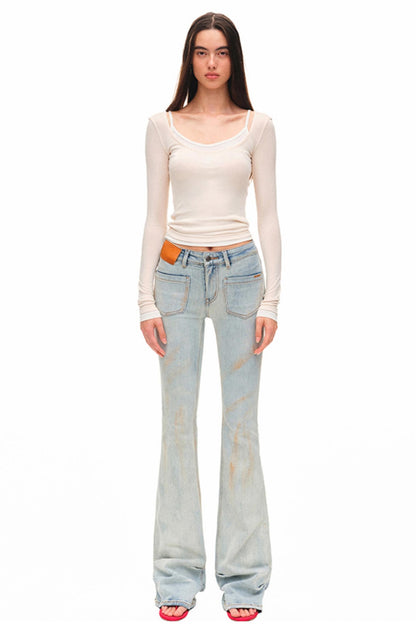 Light Sand Flared Denim Trousers