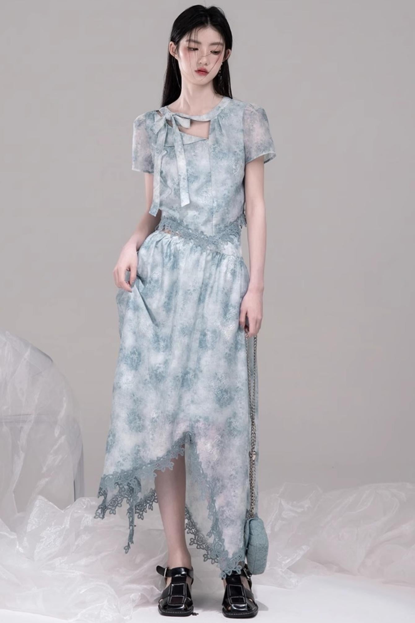 Blue Bow-Collar Shirt & Cutout Skirt Set