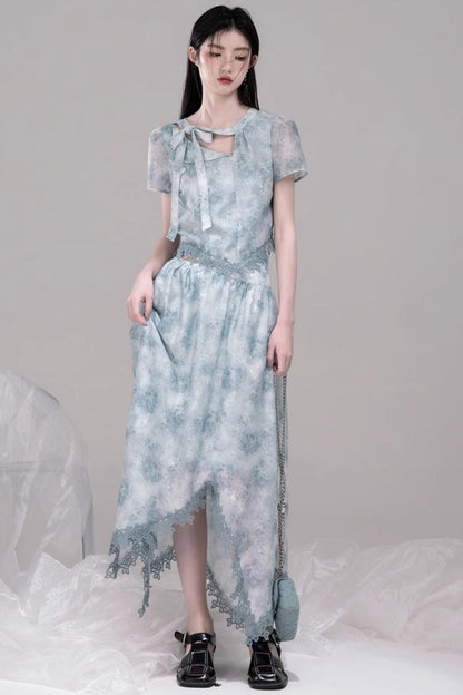 Blue Bow-Collar Shirt & Cutout Skirt Set