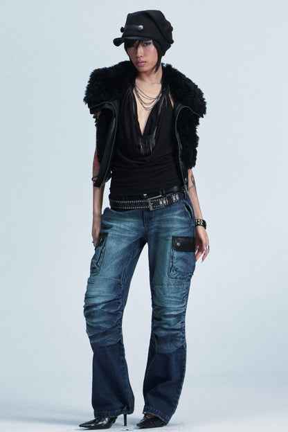 Distressed Denim Patch Pants