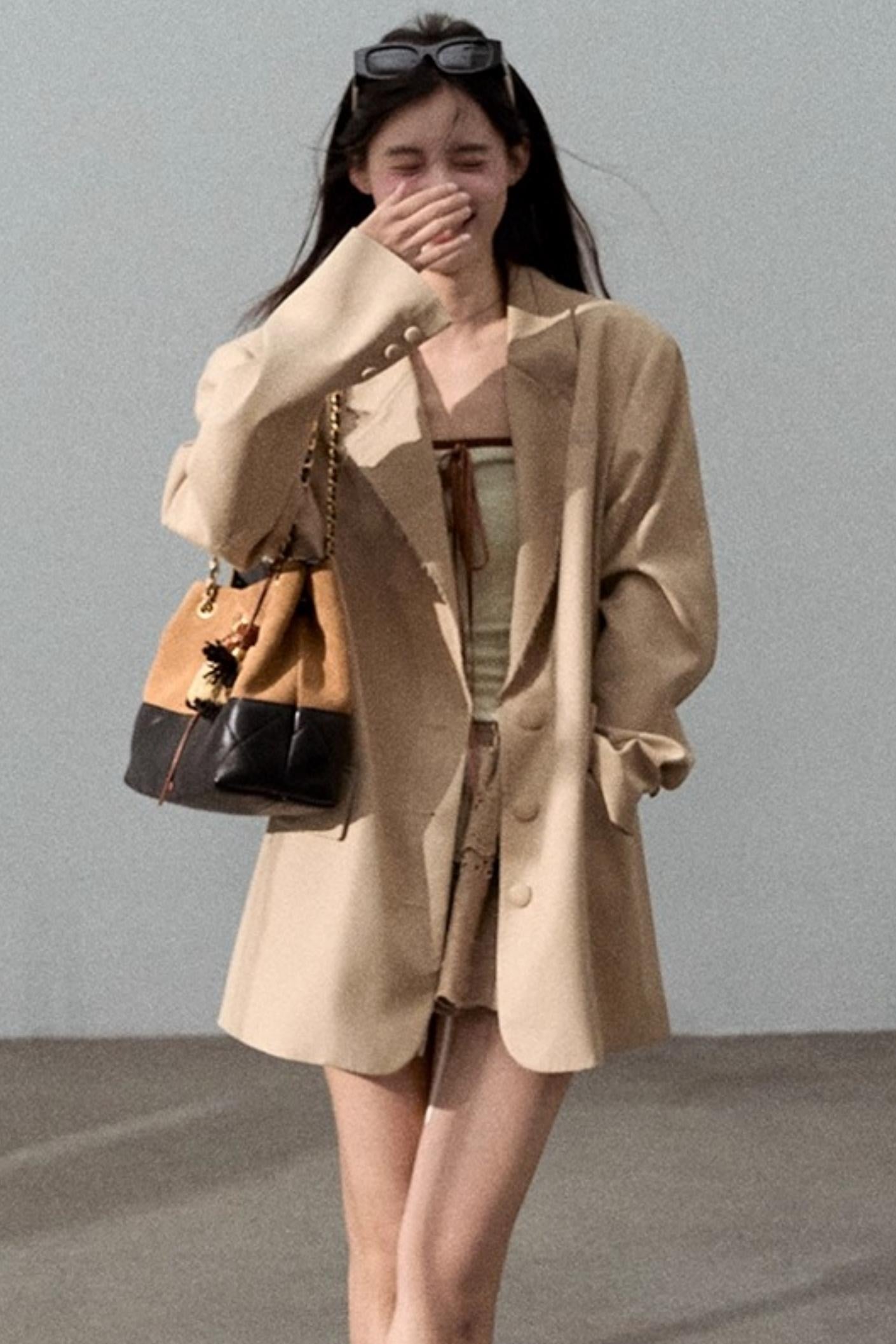 Textured Khaki Suit Short Jacket