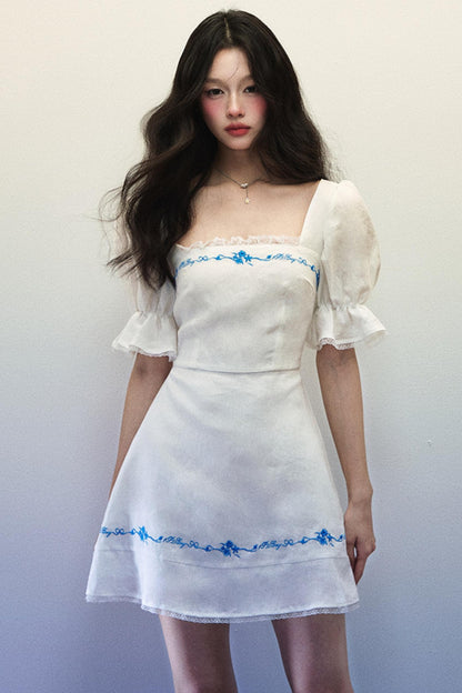 Embroidered Blue Linen Summer Dress