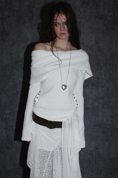 Hooded One-Shoulder Knitted Top