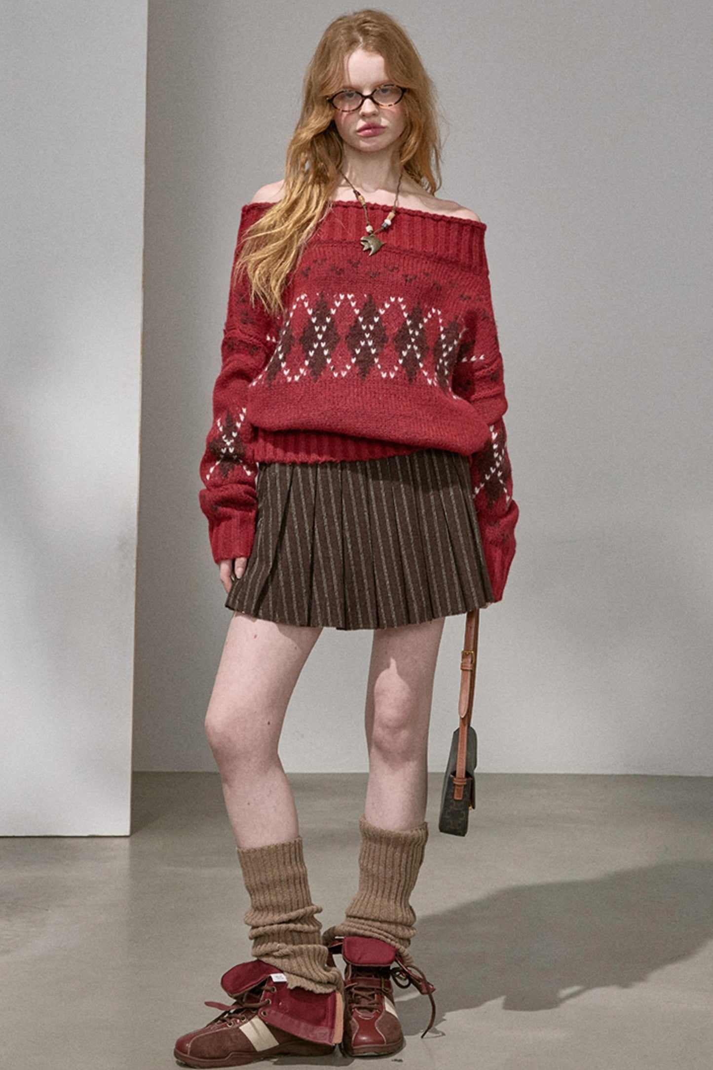 Thick Knit Argyle Off-Shoulder Top