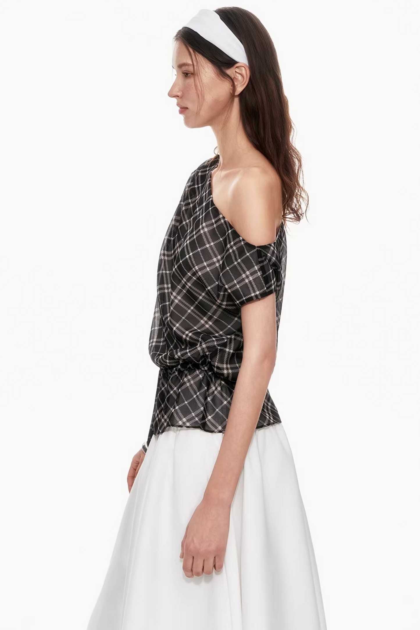 Plaid Asymmetrical Off-Shoulder Top
