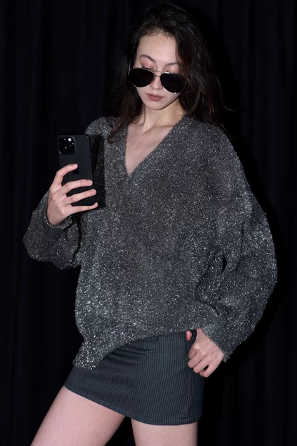 Silberner Faden V-Ausschnitt Strickpullover