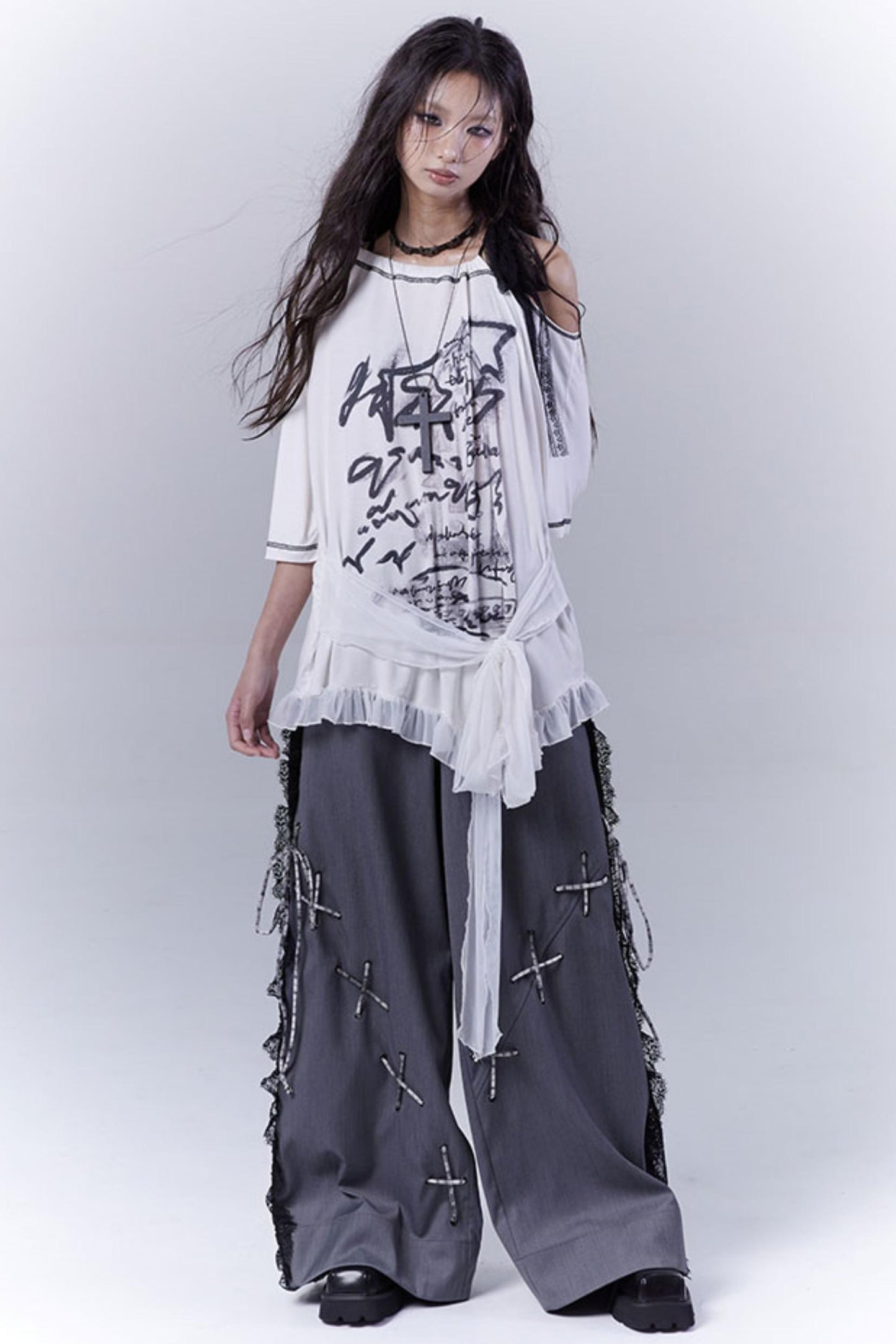 Gray Hollow Lace Fusion Casual Trousers