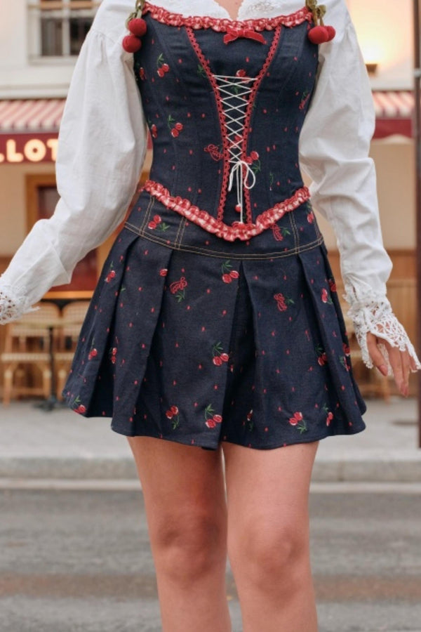 Cherry Embroidery Denim Skirt Set-Up