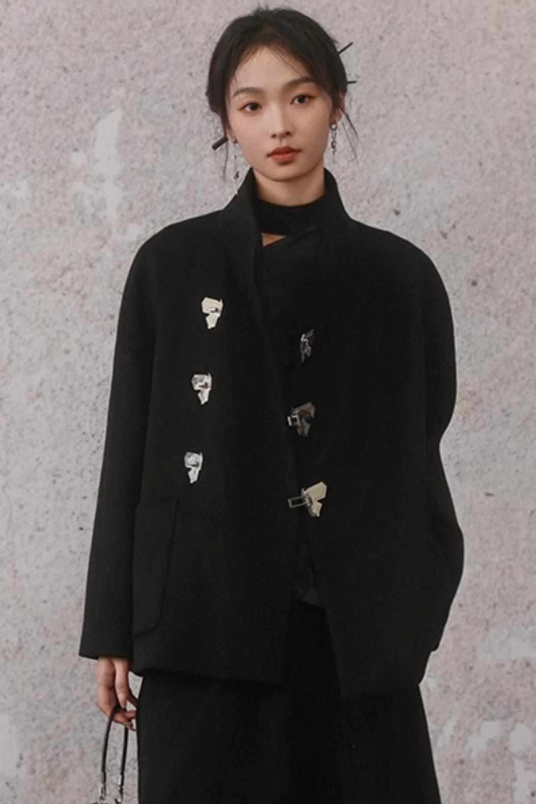 Black Woolen Butterfly Buckle Coat