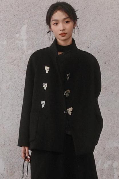 Black Woolen Butterfly Buckle Coat